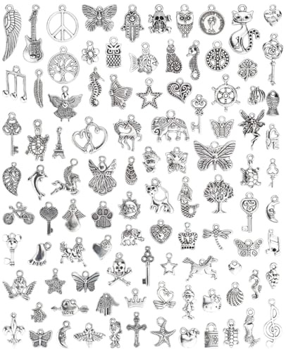 VYZUTR 100 Stücke Charms Anhänger zum Schmuck, Armbänd Ketten Ohrringe Selber Machen, Gemischte Vintage Aesthetic Accessoires Halskette Making Zubehör Silber