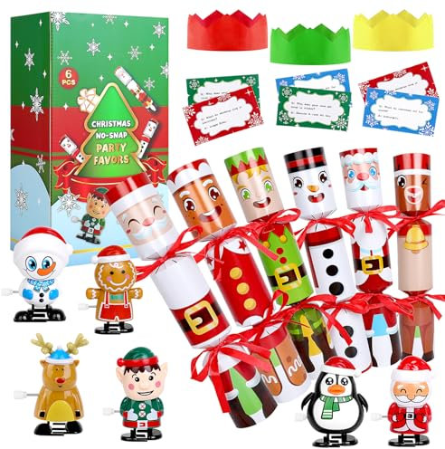 VEYLIN Christmas Crackers, 6 Pack Christmas No-snap Crackers Cracker for Kids Party Table Favor with Wind Up Toys, Party Hat & Joke Xmas Seasonal Holiday Dinner Traditions