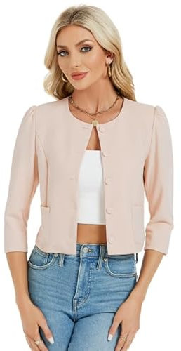 MODIURBAN Blazer Damen Kurz Bolero Elegant Strickjacke Langarm Jäckchen Cardigan mit Knöpfen und Taschen Cremefarbe M