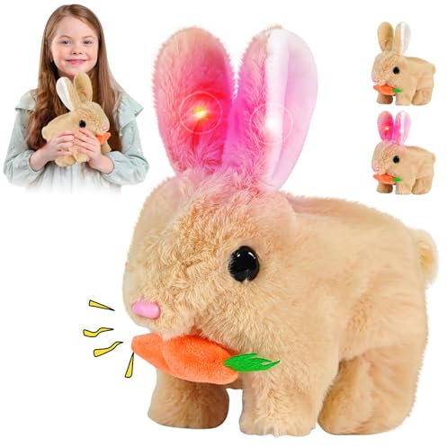 Plush Toys Bunny Toys for Kids with Sounds,Realistic Interactive Rabbit Toy with Carrot, Easter Pet Hopping Plushie,Cute Rabbits Can Glow, Walk,Sounds Easter Christmas Birthday Gift for Toddlers Kids