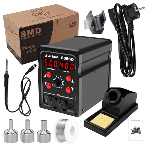 Stazione di saldatura 2 in 1 760 W, Stazione saldante ad aria calda, 8586D Display digitale Pistola ad aria calda Saldatore Strumenti di dissaldatura 3 ugelli inclusi per riparazione elettronica