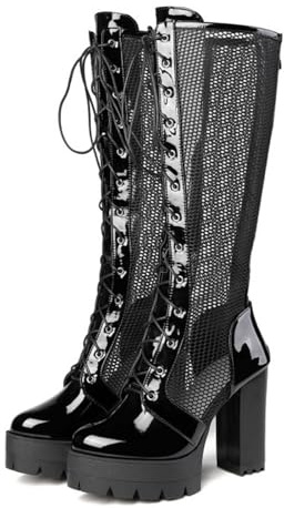 Botas altas hasta la rodilla con cordones y cremallera para mujer, tacones de bloque de suela gruesa, charol con empalme de malla, tacones altos, sandalias finas,Negro,42 EU