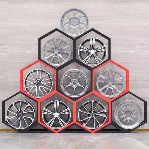 Estantería para Neumáticos Soporte de Exhibición para 9 Llantas, Soporte de Almacenamiento para Garaje, Organizador de Llantas de Pie, Soporte Metálico para Llantas de Coche con Base Triangular.