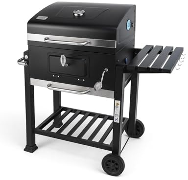 JARDIN202 - Barbacoa de Carbón Alabama Grande con Ruedas, Termómetro y Altura Ajustable | Parrilla Grill de Carbón con Carrito y Tapa | (Negro)
