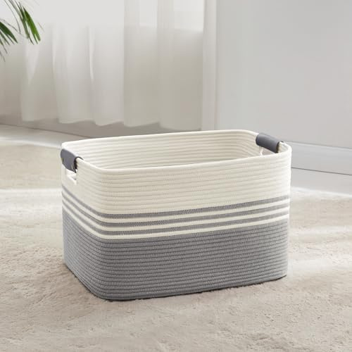 Piccolo Cesto per biancheria intrecciato in corda di cotone, 45L, con manici in cuoio, per coperte, vestiti, giocattoli, per lavanderia, camera bambini o soggiorno, 45x35x27 cm, bianco e grigio