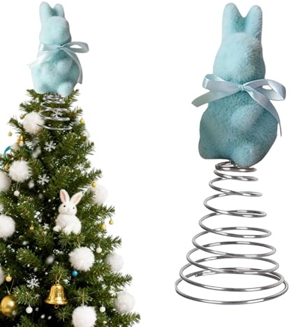 Easter Bunny Tree Topper, Cute Flocked Bunny Topper Decoration, Cartoon Spring Rabbit Decorative Figure, Lightweight Easter Celebration Top Decoration for Home Mantel Desktop