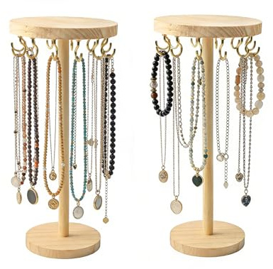 TTIAYAO Lot de 2 présentoirs à bijoux en bois avec 12 crochets portables pour colliers, bracelets, boucles d'oreilles, bagues