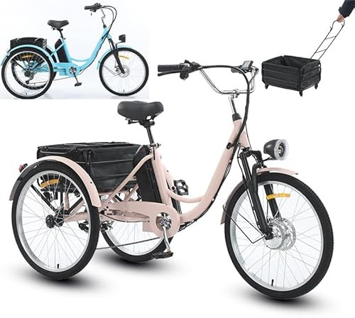 LISTaRSw Bicicletta Elettrica Da 24 Con Cestini Grandi Rimovibili, Triciclo Elettrico per Adulti, Con Batteria Rimovibile Da 36 V/13 Ah, Bicicletta Elettrica a 3 Ruote C