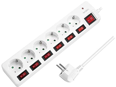 LogiLink LPS250-6-Fach Steckdosenleiste (Schutzkontakt) - CEE 7/3, mit 6X EIN/Aus Schalter mit Überspannungsschutz und eingebautem Safety Shutter (erhöhter Berührungsschutz), Weiß
