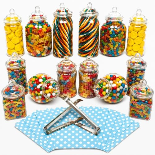 14 Plastic Sweet Jars, 7 Styles, 2 Tongs and 50 Bags. Ideal for Party, Wedding, Sweet Table, Candy Buffet (Aqua Polka Dot Bags)