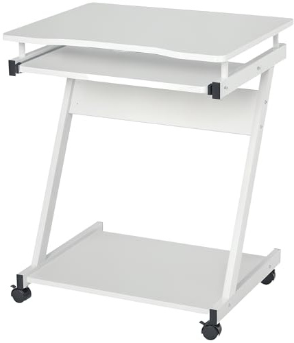 HOMCOM Tavolo Porta PC Classico e Salvaspazio, Piano Tastiera a Scomparsa, 4 Ruote e Ripiano Inferiore Bianco 60x48x73cm