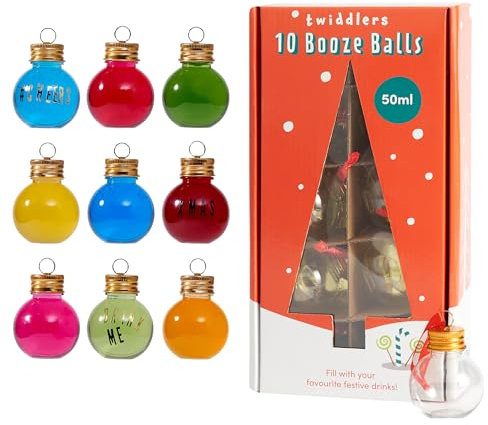 THE TWIDDLERS - 10 Weihnachtskugeln für Spirituosen & Liköre, Ornamente mit Aufklebern, Füllbare klare Xmas Baum Geschenk Dekorationen, Geschenk zu Weihnachten, Personalisierte Weihnachtskugeln - 50ml