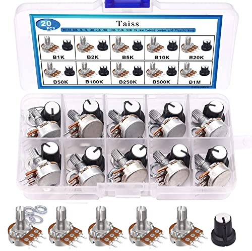 Taiss 40PCS Potentiometer Kit with Rotary knobs,WH148 B1K 2K 5K 10K 20K 50K 100K 250K 500K 1M Ohm potentiometers Assortment Single Linear Taper Rotary Audio B Type and Nuts,Washers