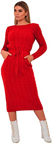 Crazy Girls Womens Cable Knit Belted Midi Dress, Red, XL (UK 16-18)