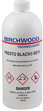 Birchwood Presto Black BST4 Technologies - cold brush on blackener solution for iron and steel alloys traditional patina steel blue and black oxide touch-up (1 Quart)