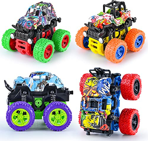 LEFEI Push and Go Friction Powered Car,Toys for Boys 3-7 Years Old, Monster Toys Truck 4 Pack 360° Rotating Stunt Cars,Double-Directions Inertia Pull Back Vehicle Set,Birthday Party Gift for Kids