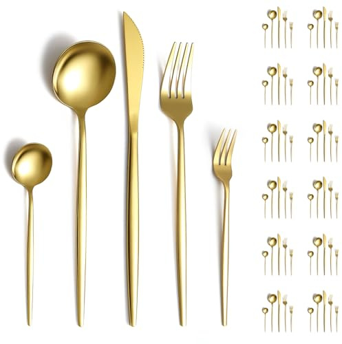 Evanda Juego de Cubiertos de Oro 60 Piezas para 12, Acero Inoxidable Chapado en Oro Titanio, Cuchillos Tenedores Cucharas para Bodas y Fiestas