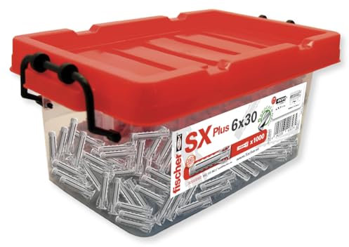 fischer 568676 - Big Box de tacos pared para hormigón SX Plus 6x30, para fijar lámparas, cuadros, aires acondicionados, 1000 Unidades + 5 Brocas 6 diámetro