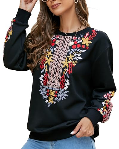 Seasonal Tunique bohème brodée à Manches Longues pour Femme - Vêtement Hippie - Haut élégant - Chemisier Traditionnel Noir(525),2XL