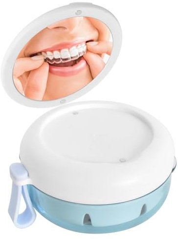 Prothesendose mit Spiegel, Zahnprothesen Box mit Filter, Gebissdose Tragbar, Weiß Zahnspangendose Reinigungsbox, Aufbewahrungsbox für Zahnspangen Aufbissschiene Falsche Zähne