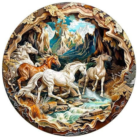 Wooden Puzzles for Adults, 3D Visual Effects Running Horses Wooden Jigsaw Puzzles for Adult, Wood Puzzles Adult, Cool Puzzles, Unique Gift Idea, Wall Art Canvas Puzzle (L-13.4 * 13.4in -300 Pcs)