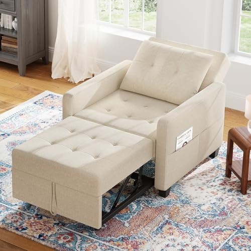 Vesgantti 3 in 1 Sofa Bed Beige, Convertible Sleeper Chair with Adjustable Backrest, Fabric Single Sofa Bed Chair with Side Pockets, Foldable Pull Out Bed for Living Room