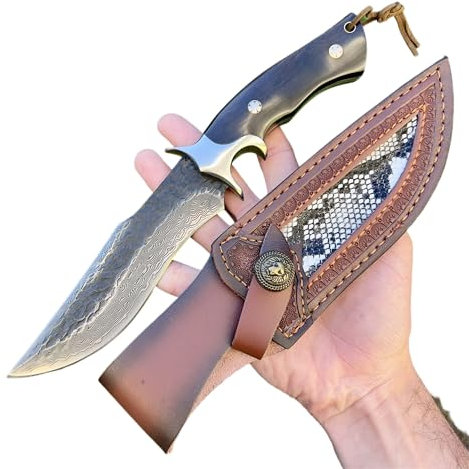 Obespina Couteau Lame Fixe Acier Damas noir Manche Bois ébène Collection Custom Cadeau Homme Suminagashi VG10 chasse full tang camping étui cuir drop point forge artisanat edc tranchant