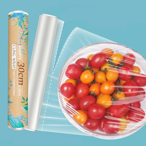ECOOPTS Pellicola trasparente 100% compostabile, priva di BPA e biodegradabile, adatta al congelatore, pretagliata, 30 cm x 35 cm, totale 30 m, confezione da 2