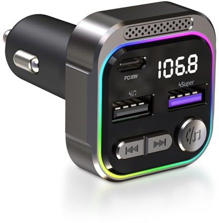 PRMHOOT 30W MAX Bluetooth Adapter Auto, 30W PD & QC3.0 15W Schnellladung FM Transmitter Auto Bluetooth 5.3, Freisprecheinrichtung & LED-Licht & U-Disk