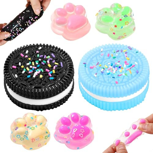 AWAVM 2Pcs Biscuit Stress Relief Toy und 4 x Squishy Spielzeug Mini Katzenpfoten, Taba Squishy, Soft Squeeze Biscuit Toys, Montessori Sensorisches Quetschspielzeug für Anti Stress und Angst Relief