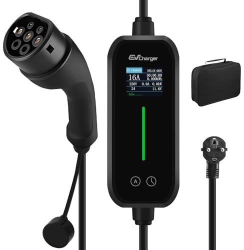 Hexinex Cargador Coche Eléctrico, Cargador EV Tipo 2 de 3.6KW con Corriente Conmutable 8A-16A, con 1.77” Pantalla LED, Carga Temporizada, Acepta Voltaje Doméstico 220V,Cable Carga Coche Electrico, 6M