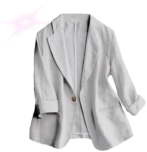 Generisk linneblazer för kvinnor på sommaren, lätt, linneblazer 3/4-ärm kofta fram öppen skåra arbete business casual kavaj, Vit, XL