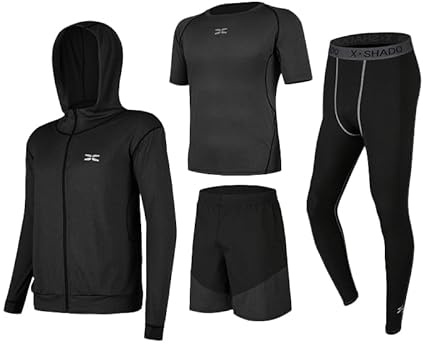 GRECERELLE Conjunto deportivo de 4 piezas para correr para hombre, equipo de máximo rendimiento para correr y fitness, camiseta de manga corta, pantalones cortos, medias de compresión y sudadera con