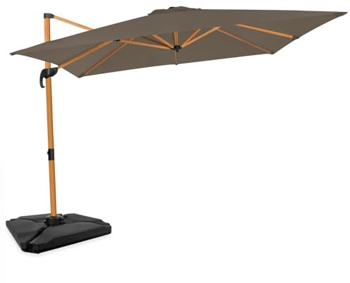 VONROC Parasol Déporté Premium Pisogne 300x300cm – Toile UPF 50+ | Rotation 360° & Inclinaison Totale | Structure Aluminium Inox | Housse + 4 Dalles Triangulaires Incluses | Aspect Bois – Taupe