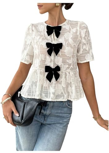 GORGLITTER Women's Floral Peplum Tops Bow Sheer Short Sleeve Ruffle Blouses Cute Babydoll Tops Summer Going Out Outfits Beige Large