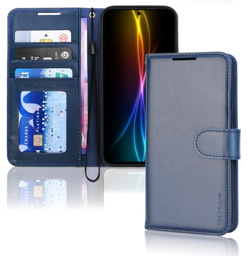 TECHGEAR Galaxy S25 FE Wallet Case, Flip Protective Phone Case Cover [RFID BLOCKING] Wallet Card Holder, Stand & Wrist Strap - Navy Blue PU Leather with Magnetic Closure For Samsung Galaxy S25 FE 5G