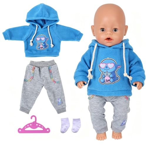 Sweet Baby Vêtements de poupée pour poupée de 35 à 45,7 cm, 4 pièces, tenue de chiot bleu avec sweat à capuche, pantalon, chaussettes, cintre compatible avec les nouveau-nés de 35 à 43 cm, pour