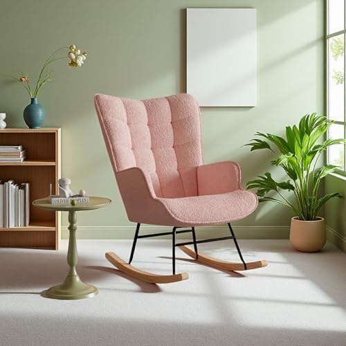 Poeahu Fauteuil à Bascule, Chaise a Bascule Allaitement avec Accoudoirs et Pieds en Bois, Rocking Chair Interieur en Velours Teddy pour Chambre et Salon, Dossier à Carreaux, 68x75x92 cm (Rose)