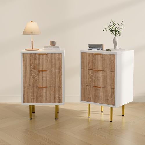 Juego de 2 Mesitas de Noche, Mesa de Noche con 3 Cajones, Mueble de Almacenaje Mesa de Noche con Armarios Blancos y Frentes de Cajones en Color Madera Natural (3 Cajones-1, Color de la Madera Blanco y