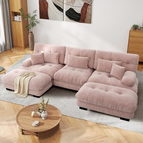SoarFlash Sofá U Modular de 3 plazas para salón Moderno, sofá Nube de Tela Chenille con reposabrazos, Rosa Claro, 145×313cm
