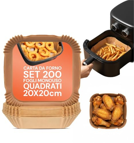 Avilia – Carta Forno per Friggitrice ad Aria 4,5 cm di Altezza, 100% Biodegradabile e Impermeabile, Ideale per Cottura Sana Senza Olio, Confezione Rigida Apri e Chiudi (Quadrata 20x20 cm, 100, unità)