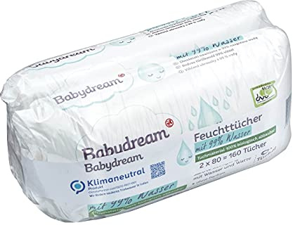 Babydream - Salviette umidificate con 99% di acqua, 160 pezzi, 2 x 80 panni per pulizia delicata, come con acqua e cotone, senza profumo, panno particolarmente umido, vegano