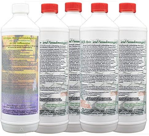 SET 4L A.K.B. Steinreiniger und Fassadenreiniger S Konzentrat und 1L A.K.B. Algenentferner, Grünbelagentferner 60-Fach Vollkonzentrat,Artikel 7905 (4Liter Steins, 1Liter 60Fach)