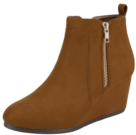 DREAM PAIRS Women's Suede Low Wedges Ankle Boots,Size 6.5,Tan/Suede,DOUBLE