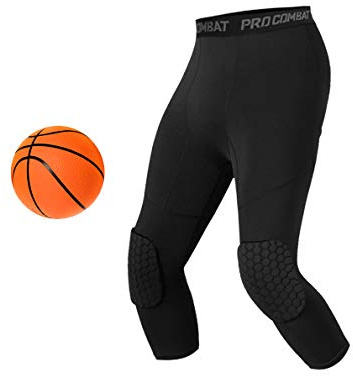 Unlimit Basketball Pants with Knee Pads, Black Knee Pads Compression Pants, 3/4 Capri Leggings, Black, Medium
