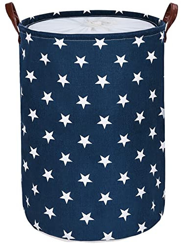 DOKEHOM 20-Inches Freestanding Laundry Basket with Lid, Collapsible Large Drawstring Clothes Hamper Storage with Handle (Blue Star, L)
