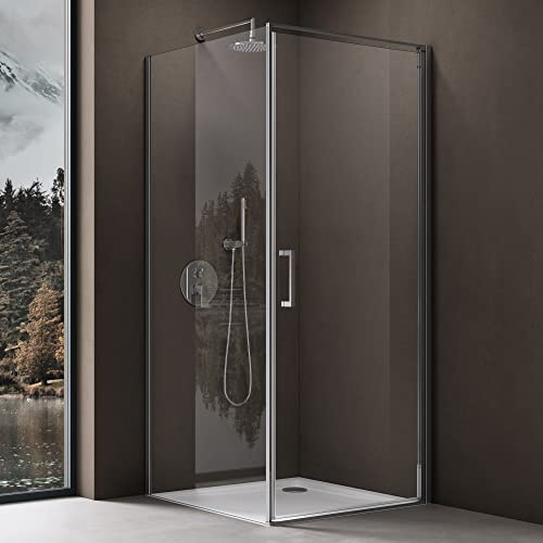 doporro Cabine de Douche en Angle Montage réversible 80x80x195 Paroi de Douche Design Ravenna36K-Plus Porte Pivotante Autolevante en Verre Transparant de 8mm