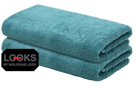 LOOKS by Wolfgang Joop 2X Gästehandtuch 30x50 cm – 100% Baumwolle Doppelpack Luxus Gästehandtücher mit Aufhänger & Logostick, 2er Set Gästetuch türkis