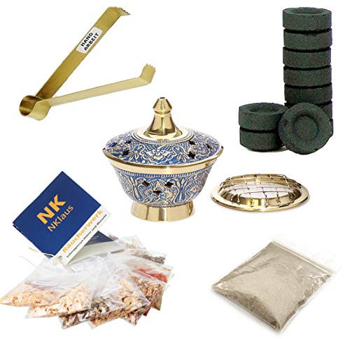 NKlaus pequeño Cuenco de Incienso Azul Dorado 15pcs. Accesorios Pinzas de Incienso 40621
