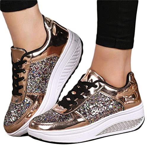 Minetom Damen Pailletten Sneaker Flach Schuhe Freizeit Schnürer Sportschuhe Glänzende Schuhe Laufschuhe Sneaker A Gold 39 EU